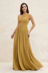 Marigold One-Shoulder Pleated A-Line Chiffon Bridesmaid Dress | KISSBRIDAL