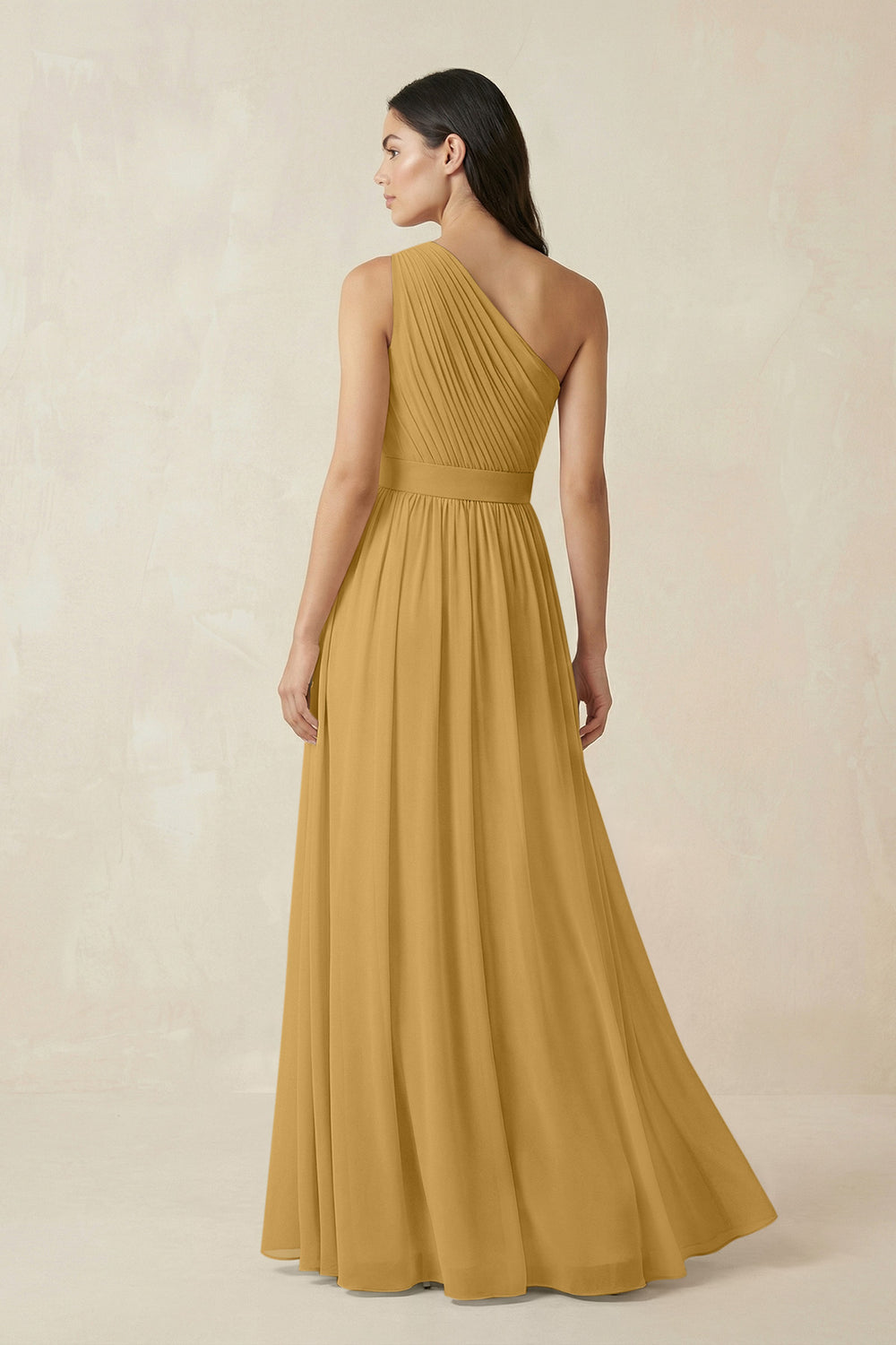 One-Shoulder Pleated Chiffon Bridesmaid Gown in Marigold