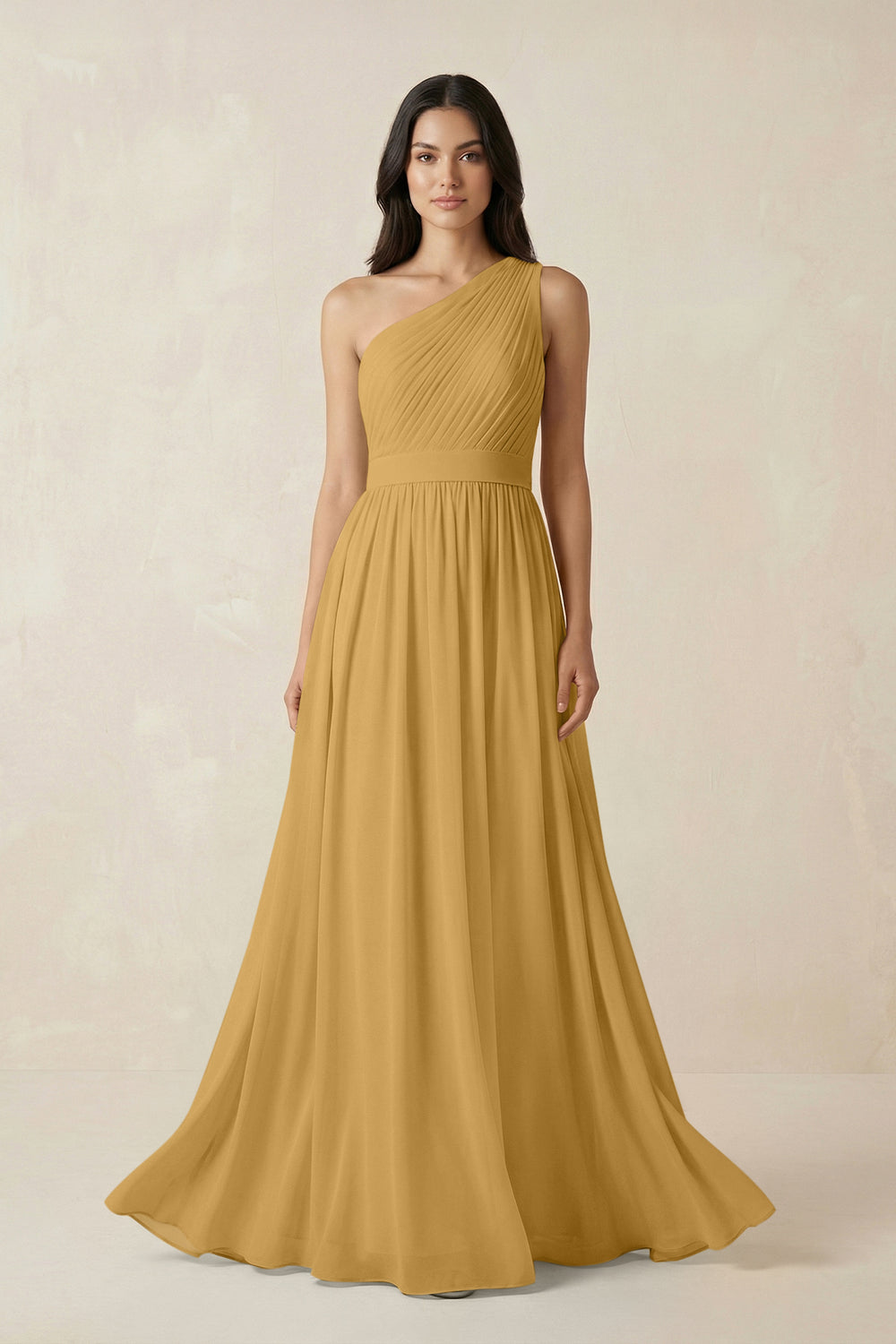 One-Shoulder Pleated Chiffon Bridesmaid Gown in Marigold