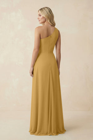 Marigold One-Shoulder Ruched A-Line Chiffon Bridesmaid Dress (2) | KISSBRIDAL