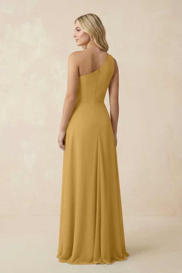 Marigold One-Shoulder Ruched A-Line Chiffon Bridesmaid Dress (2) | KISSBRIDAL