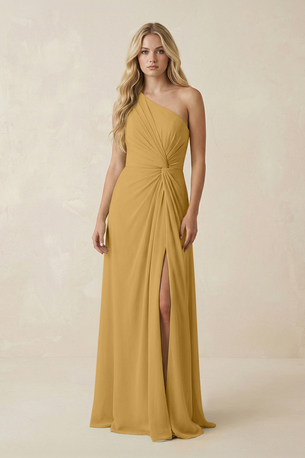 One-Shoulder Ruched A-Line Chiffon Bridesmaid Dress in Marigold