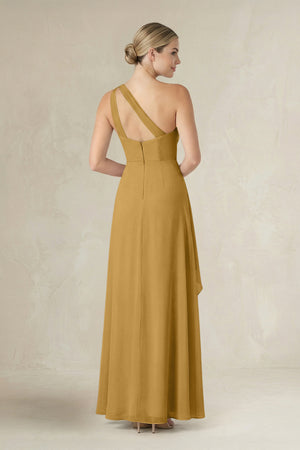 Marigold One-Shoulder Sheath Ruched Ruffled Bridesmaid Dress in Marigold (2) | KISSBRIDAL