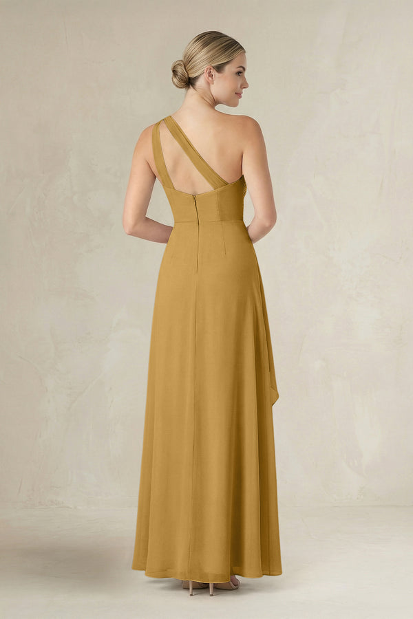 Marigold One-Shoulder Sheath Ruched Ruffled Bridesmaid Dress in Marigold (2) | KISSBRIDAL