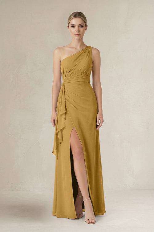 Marigold One-Shoulder Sheath Ruched Ruffled Bridesmaid Dress in Marigold | KISSBRIDAL