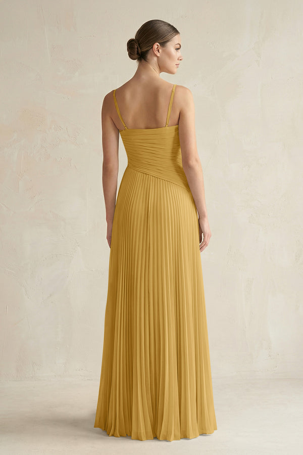 Marigold Pleated A-Line Long Chiffon Bridesmaid Dress (2) | KISSBRIDAL