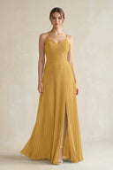 Marigold Pleated A-Line Long Chiffon Bridesmaid Dress | KISSBRIDAL