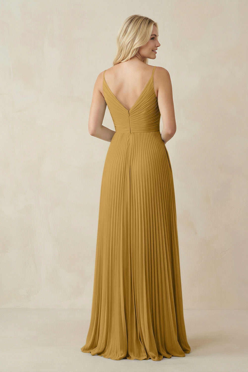 Pleated V-Neck A-Line Chiffon Bridesmaid Dress in Marigold