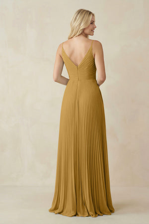 Marigold Pleated V-Neck A-Line Chiffon Bridesmaid Dress (2) | KISSBRIDAL