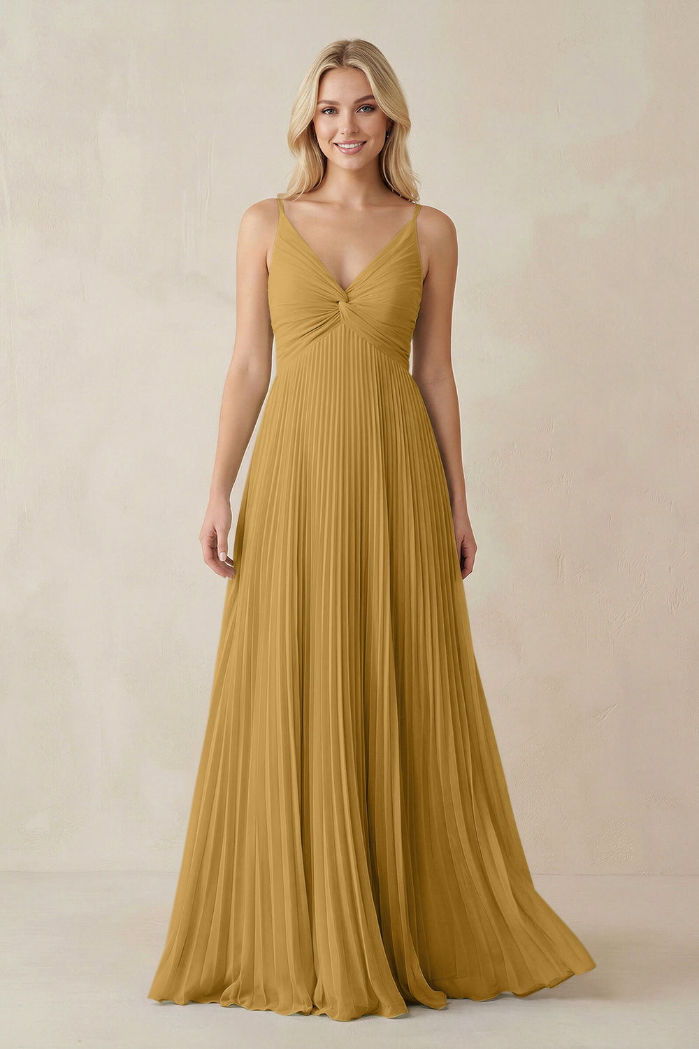 Pleated V-Neck A-Line Chiffon Bridesmaid Dress in Marigold