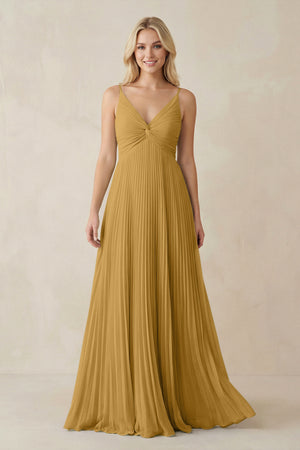 Marigold Pleated V-Neck A-Line Chiffon Bridesmaid Dress | KISSBRIDAL
