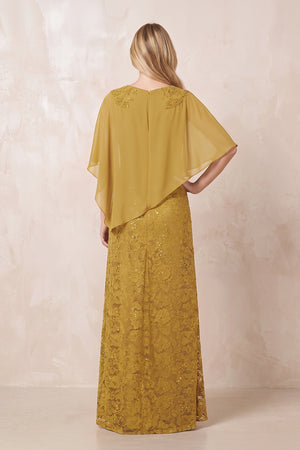 Marigold Round Neck Lace Sheath Chiffon Cape Sleeves Mother of the Bride Dress (2) | KISSBRIDAL