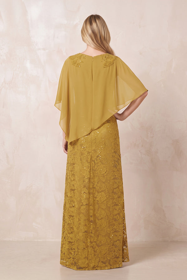 Marigold Round Neck Lace Sheath Chiffon Cape Sleeves Mother of the Bride Dress (2) | KISSBRIDAL