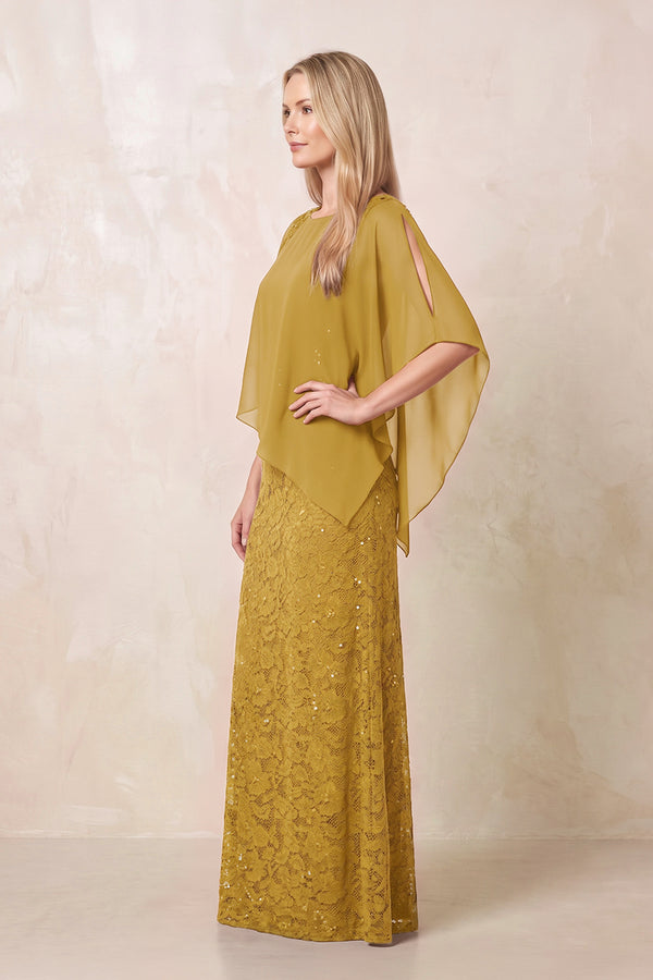 Marigold Round Neck Lace Sheath Chiffon Cape Sleeves Mother of the Bride Dress (3) | KISSBRIDAL