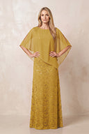 Marigold Round Neck Lace Sheath Chiffon Cape Sleeves Mother of the Bride Dress | KISSBRIDAL