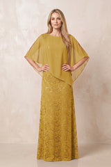 Marigold Round Neck Lace Sheath Chiffon Cape Sleeves Mother of the Bride Dress | KISSBRIDAL