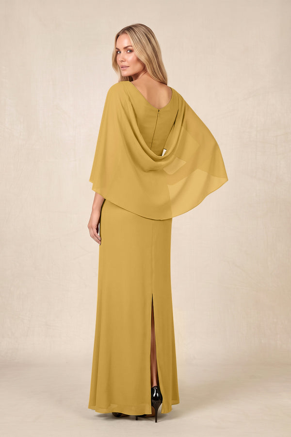 Marigold Round Neck Sheath Chiffon Cape Sleeves Ruched Mother of the Bride Dress (2) | KISSBRIDAL