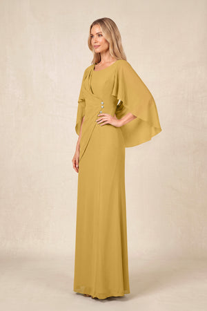 Marigold Round Neck Sheath Chiffon Cape Sleeves Ruched Mother of the Bride Dress (3) | KISSBRIDAL