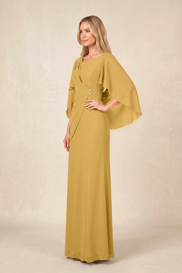 Marigold Round Neck Sheath Chiffon Cape Sleeves Ruched Mother of the Bride Dress (3) | KISSBRIDAL