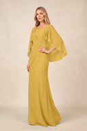 Marigold Round Neck Sheath Chiffon Cape Sleeves Ruched Mother of the Bride Dress | KISSBRIDAL