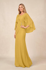 Marigold Round Neck Sheath Chiffon Cape Sleeves Ruched Mother of the Bride Dress | KISSBRIDAL