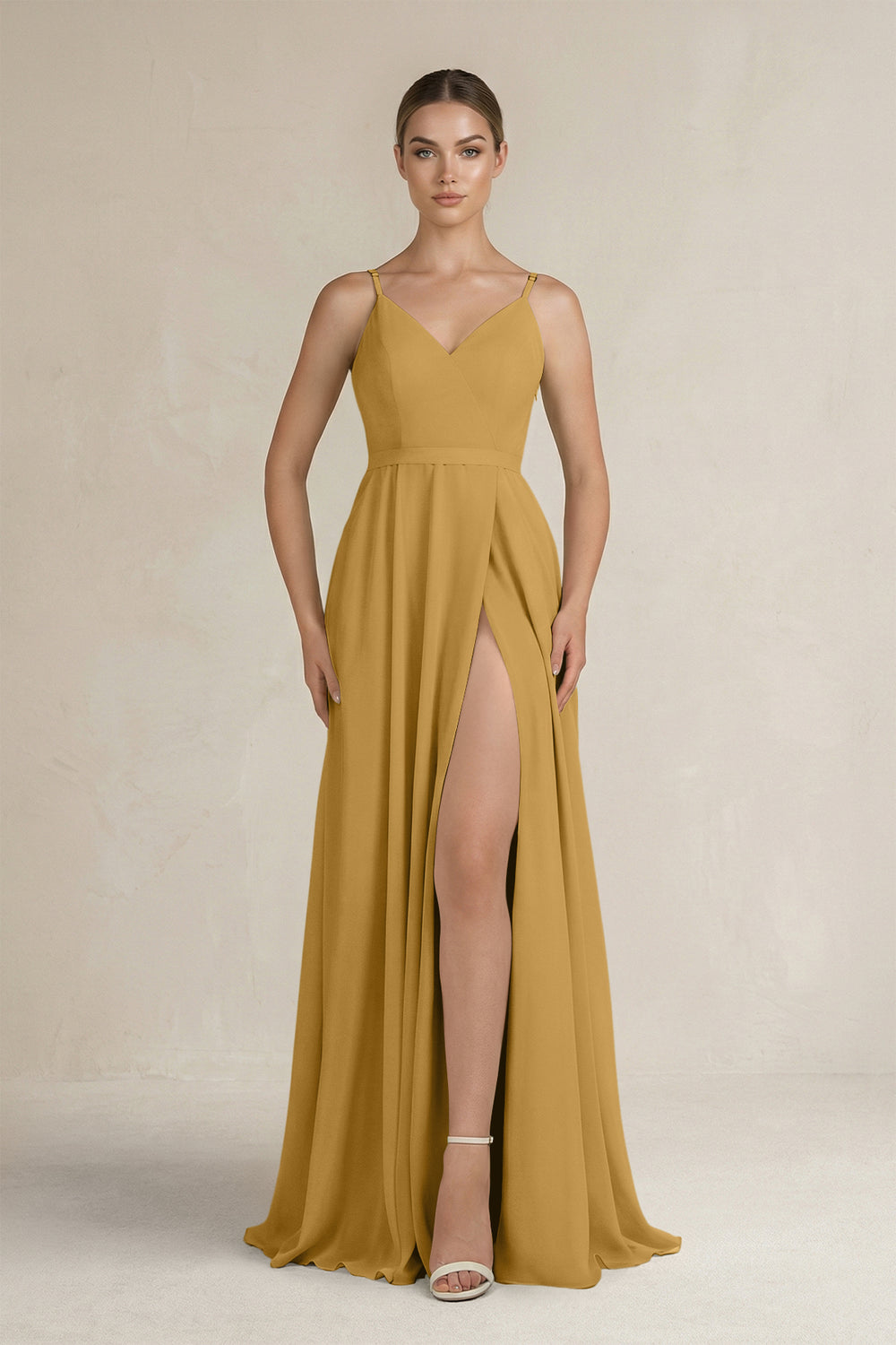Ruched A-Line Chiffon Bridesmaid Dress with Slit in Marigold
