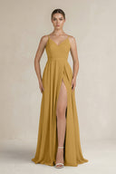 Marigold Ruched A-Line Chiffon Bridesmaid Dress with Slit | KISSBRIDAL