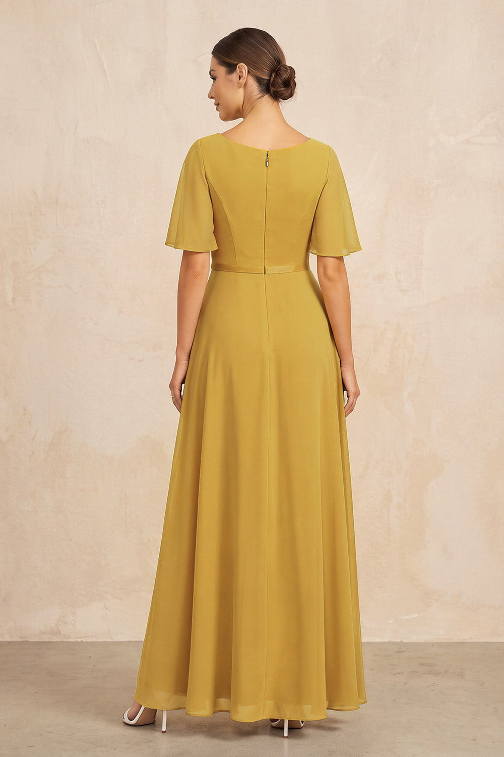 Marigold Ruched A-Line Chiffon V-Neck Mother of the Bride Dress with Sleeves