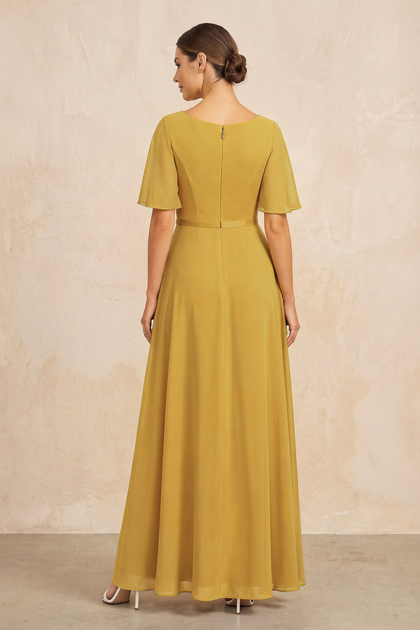 Marigold Ruched A-Line Chiffon V-Neck Mother of the Bride Dress with Sleeves (2) | KISSBRIDAL