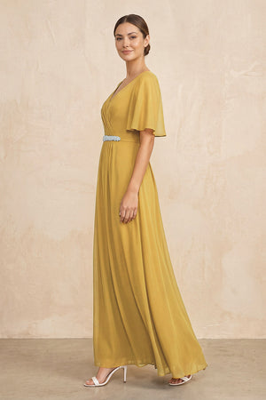 Marigold Ruched A-Line Chiffon V-Neck Mother of the Bride Dress with Sleeves (3) | KISSBRIDAL