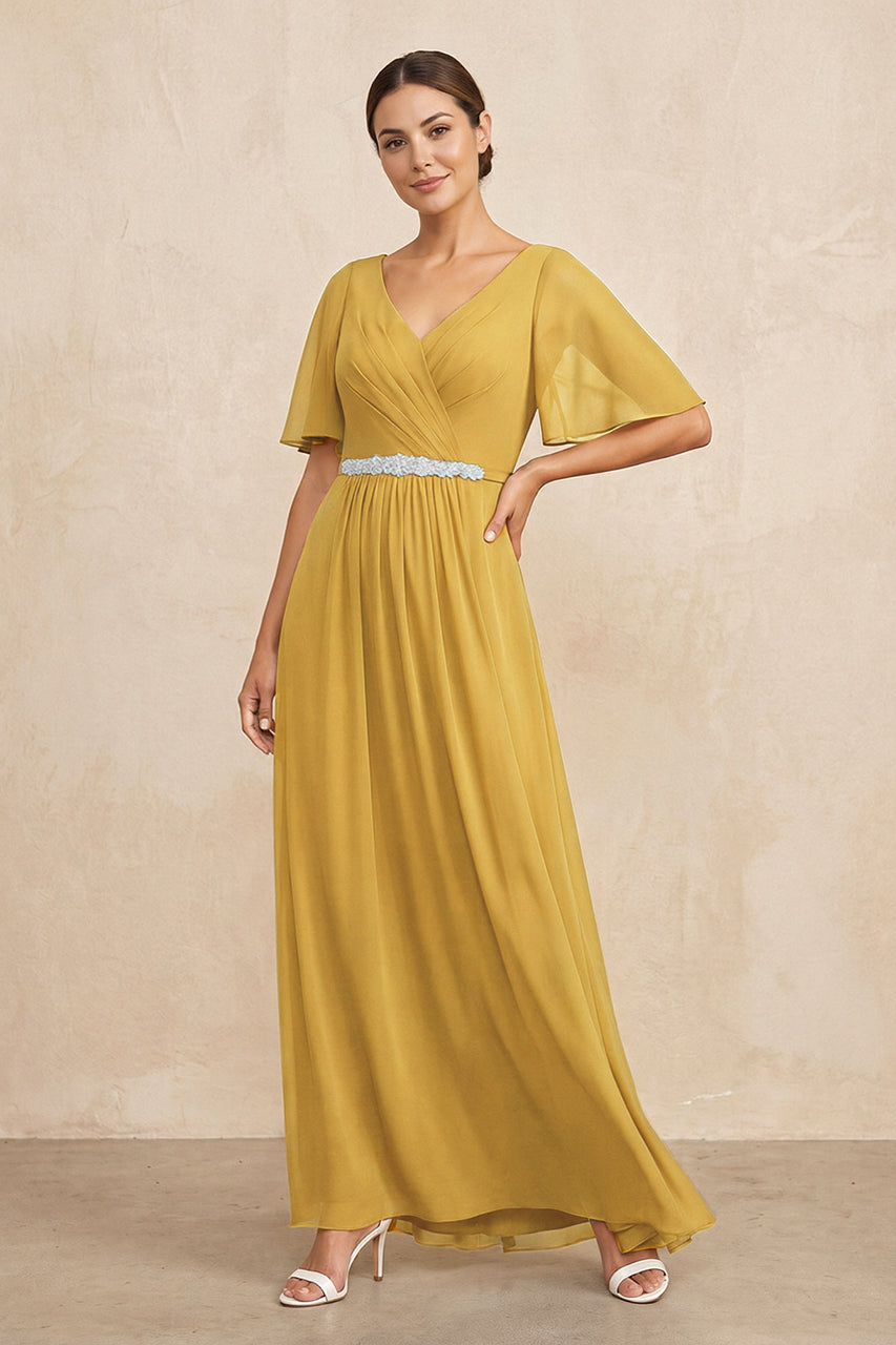 Marigold Ruched A-Line Chiffon V-Neck Mother of the Bride Dress with Sleeves