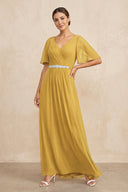Marigold Ruched A-Line Chiffon V-Neck Mother of the Bride Dress with Sleeves | KISSBRIDAL