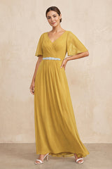 Marigold Ruched A-Line Chiffon V-Neck Mother of the Bride Dress with Sleeves | KISSBRIDAL