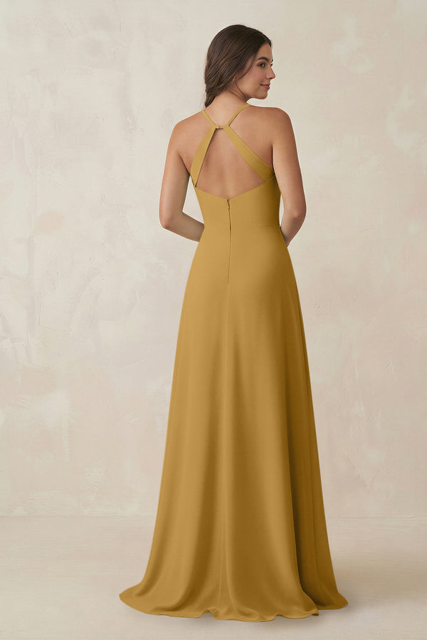 Marigold Ruched Sheath Chiffon Bridesmaid Dress (2) | KISSBRIDAL