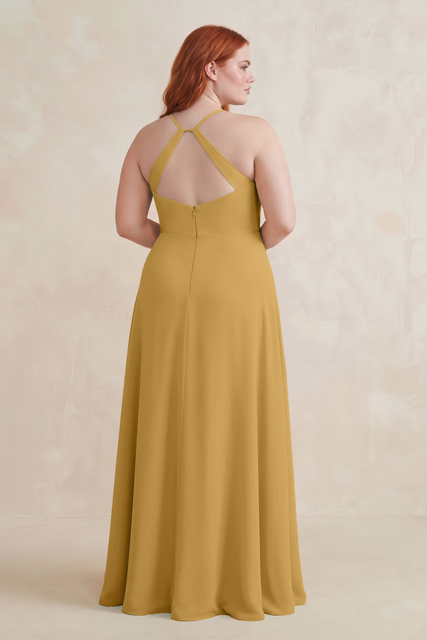 Marigold Ruched Sheath Chiffon Bridesmaid Dress (2)  [sizeplus]| KISSBRIDAL