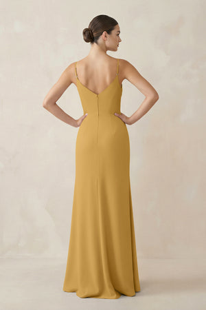 Marigold Ruched Sheath Spaghetti Strap Chiffon Bridesmaid Dress (2) | KISSBRIDAL