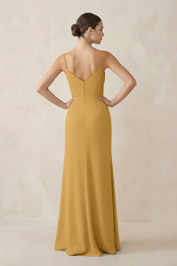 Marigold Ruched Sheath Spaghetti Strap Chiffon Bridesmaid Dress (2) | KISSBRIDAL