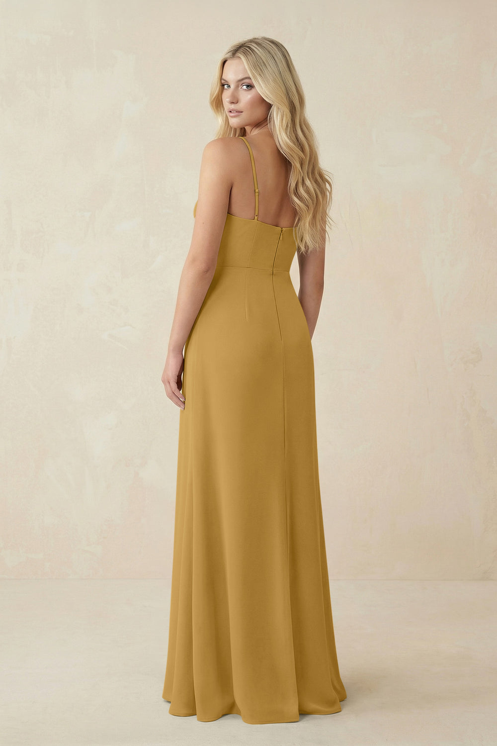 Ruched Sheath Spaghetti Strap Chiffon Bridesmaid Dress in Marigold