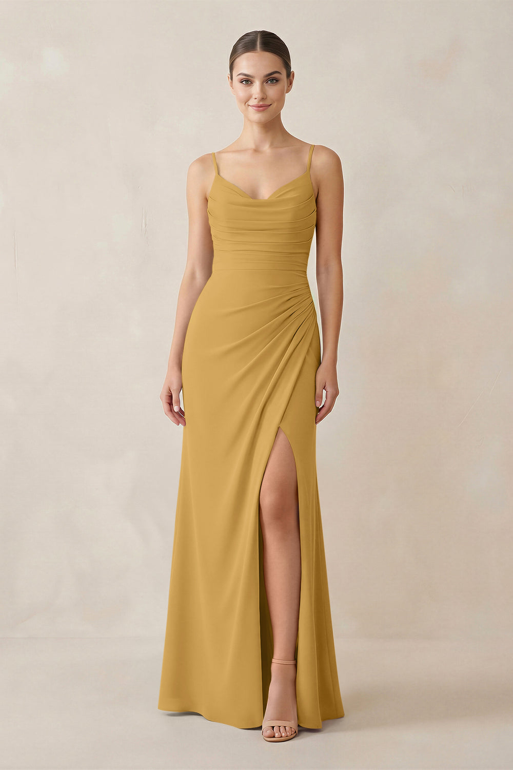 Ruched Sheath Spaghetti Strap Chiffon Bridesmaid Dress in Marigold