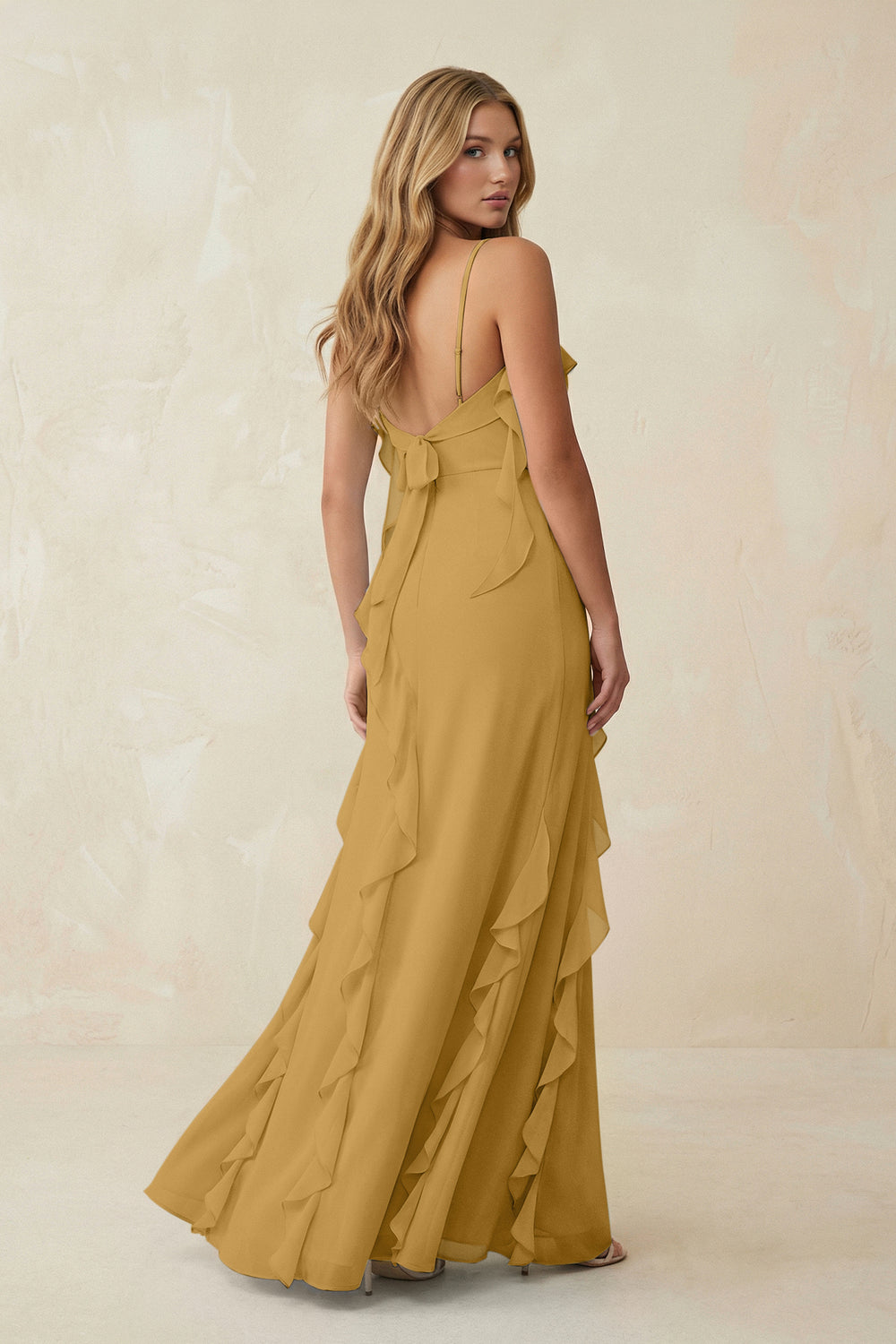 Ruffled Cami Strap Chiffon Sheath Bridesmaid Dress in Marigold