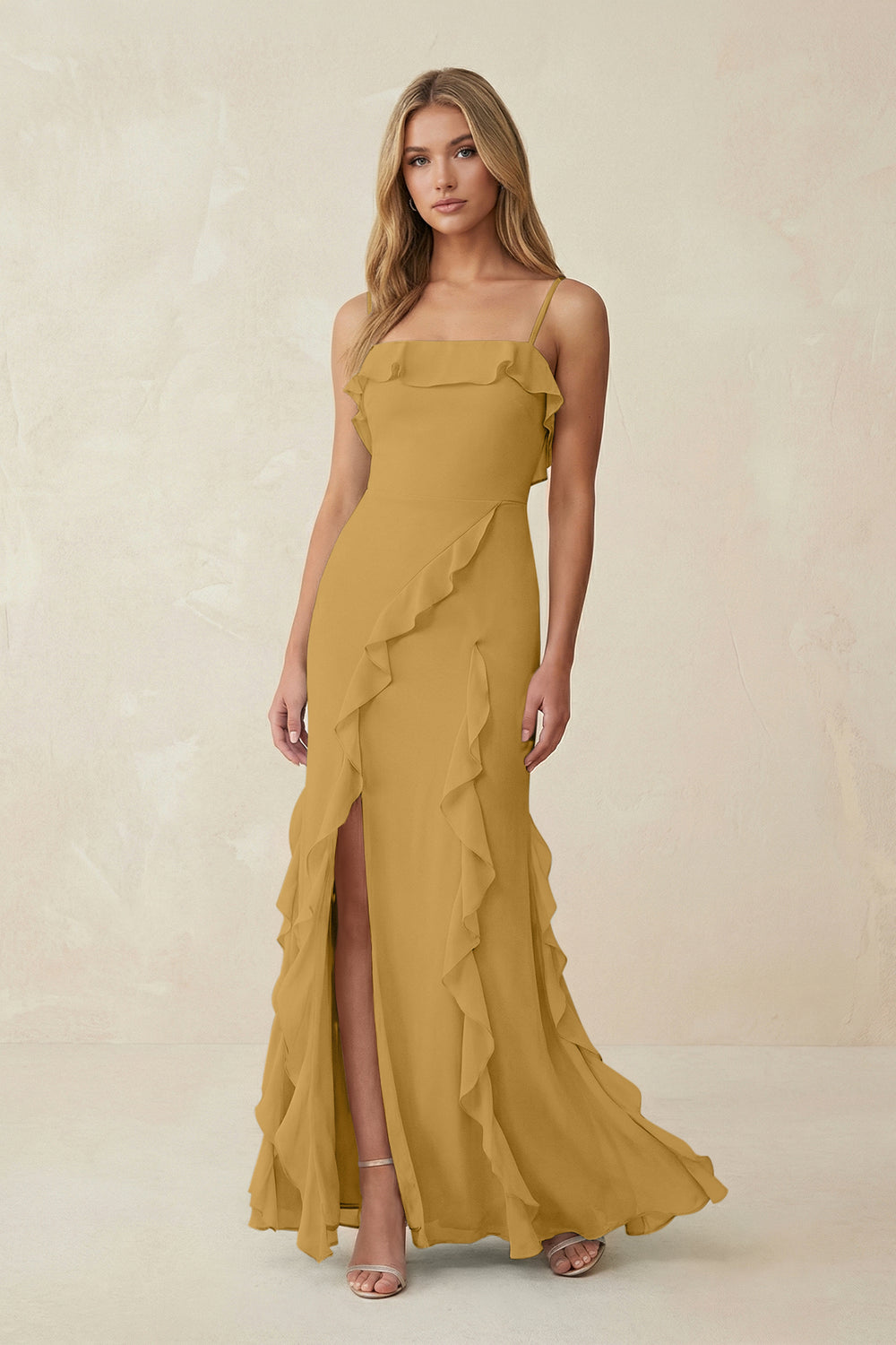 Ruffled Cami Strap Chiffon Sheath Bridesmaid Dress in Marigold
