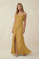 Marigold Ruffled Cami Strap Chiffon Sheath Bridesmaid Dress | KISSBRIDAL