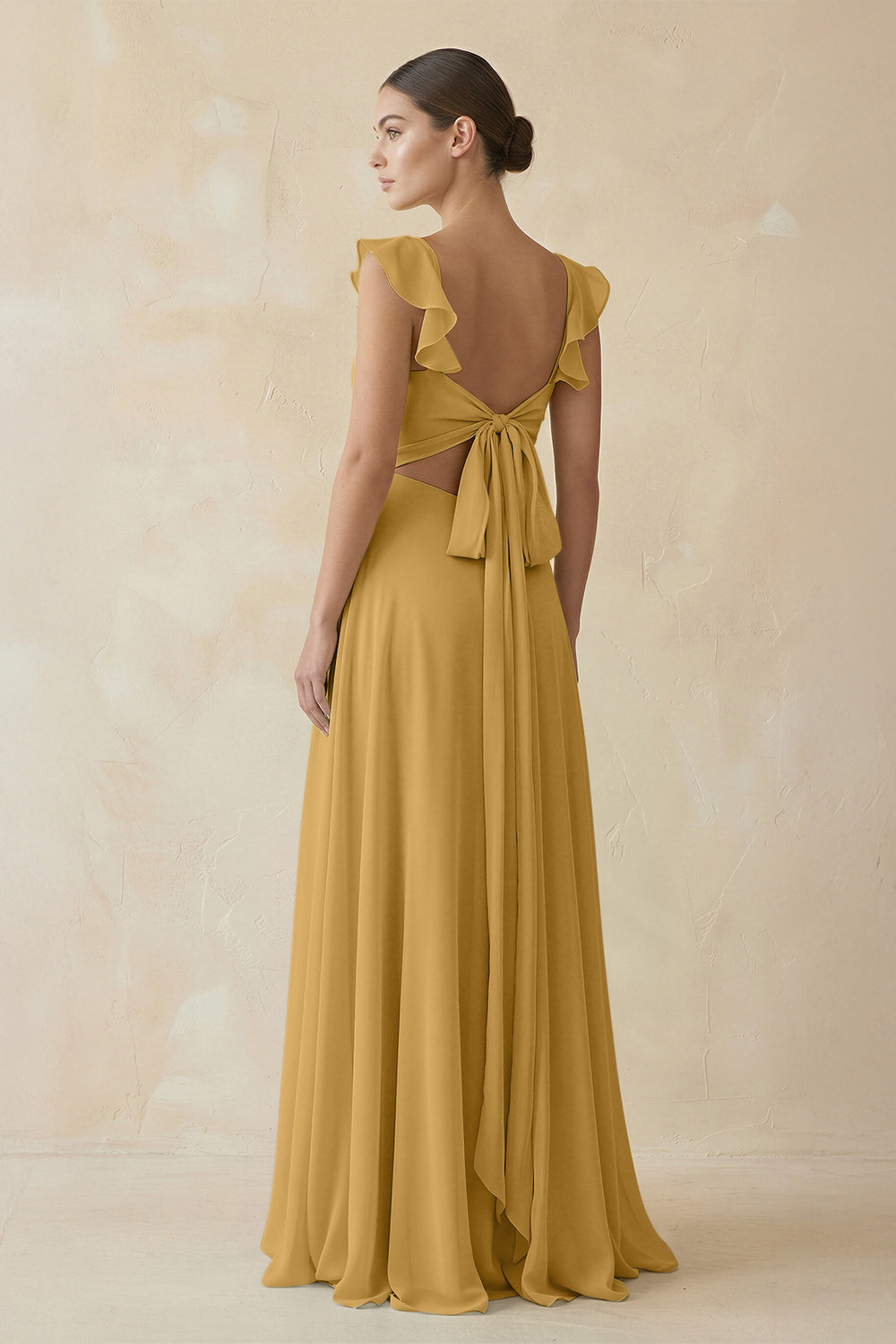 Ruffled Chiffon A-Line Long Bridesmaid Dress in Marigold