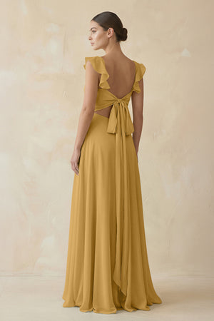 Marigold Ruffled Chiffon A-Line Long Bridesmaid Dress (2) | KISSBRIDAL