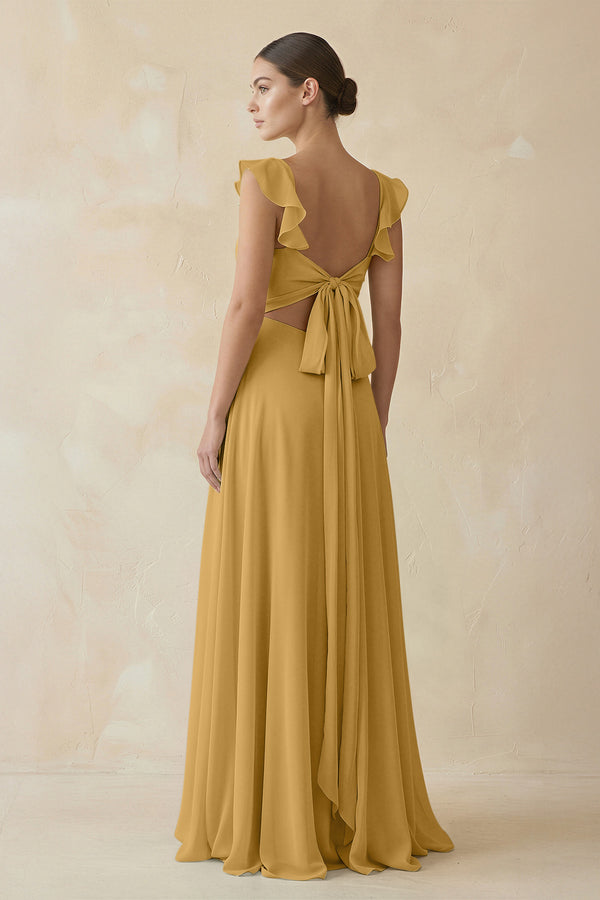 Marigold Ruffled Chiffon A-Line Long Bridesmaid Dress (2) | KISSBRIDAL