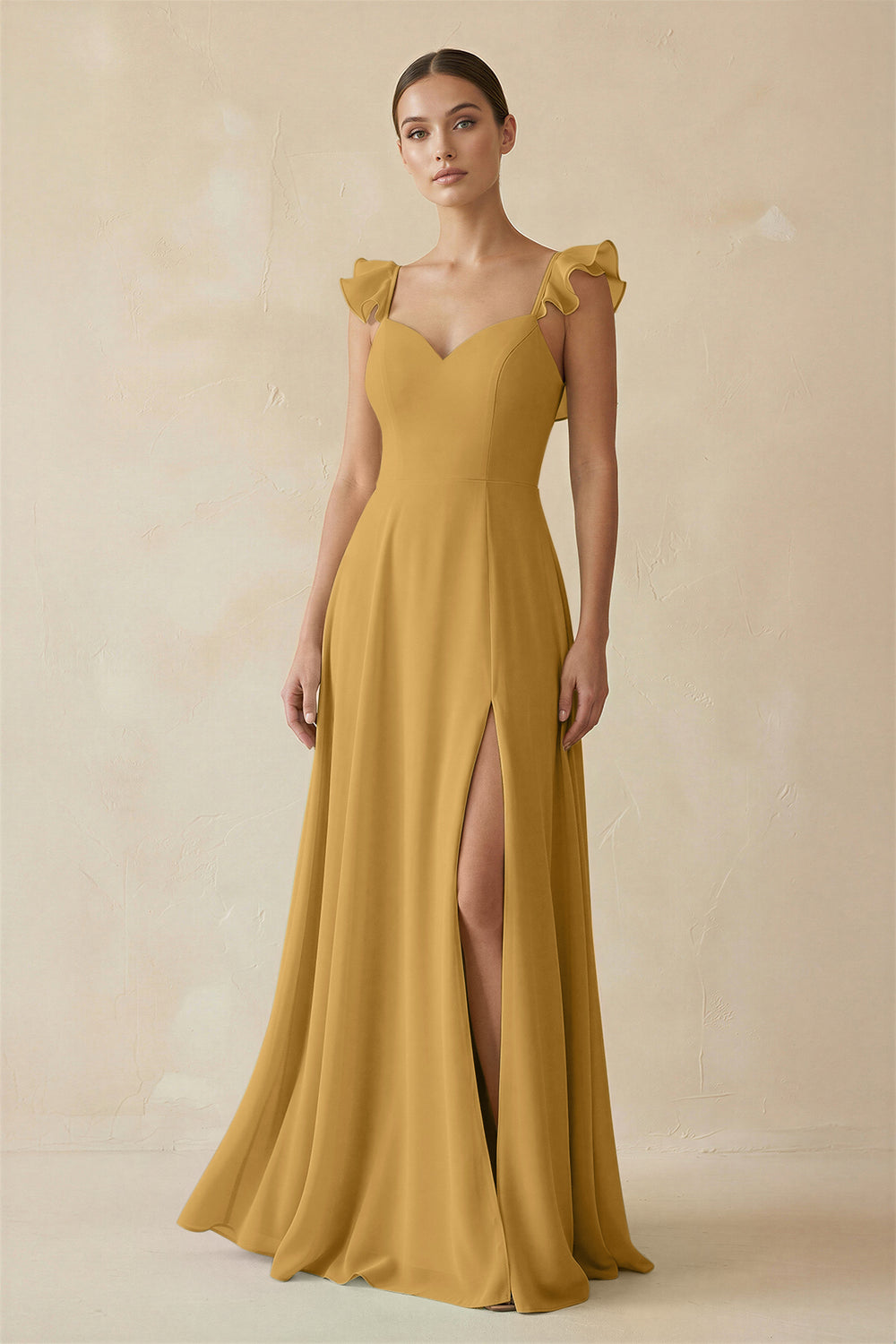 Ruffled Chiffon A-Line Long Bridesmaid Dress in Marigold
