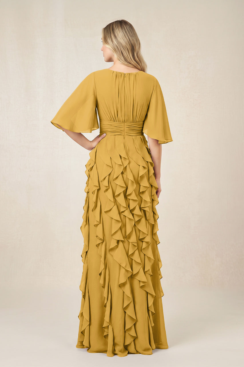Marigold Ruffled Chiffon Half Sleeves A-Line Mother of the Bride Dress