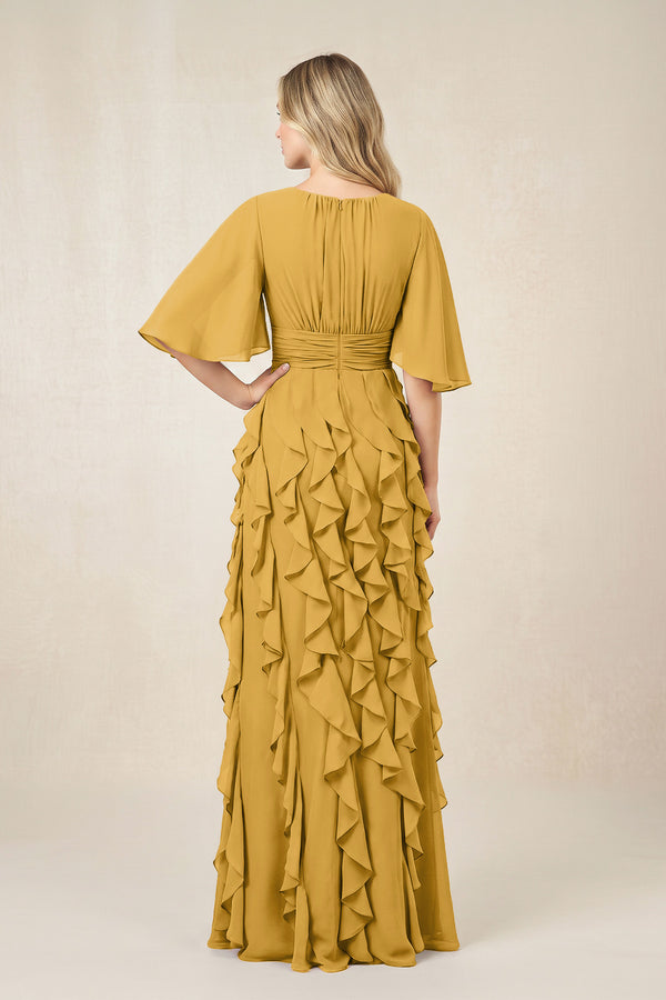 Marigold Ruffled Chiffon Half Sleeves A-Line Mother of the Bride Dress (2) | KISSBRIDAL