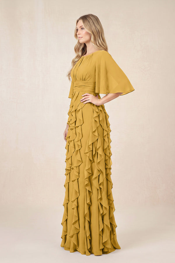 Marigold Ruffled Chiffon Half Sleeves A-Line Mother of the Bride Dress (3) | KISSBRIDAL