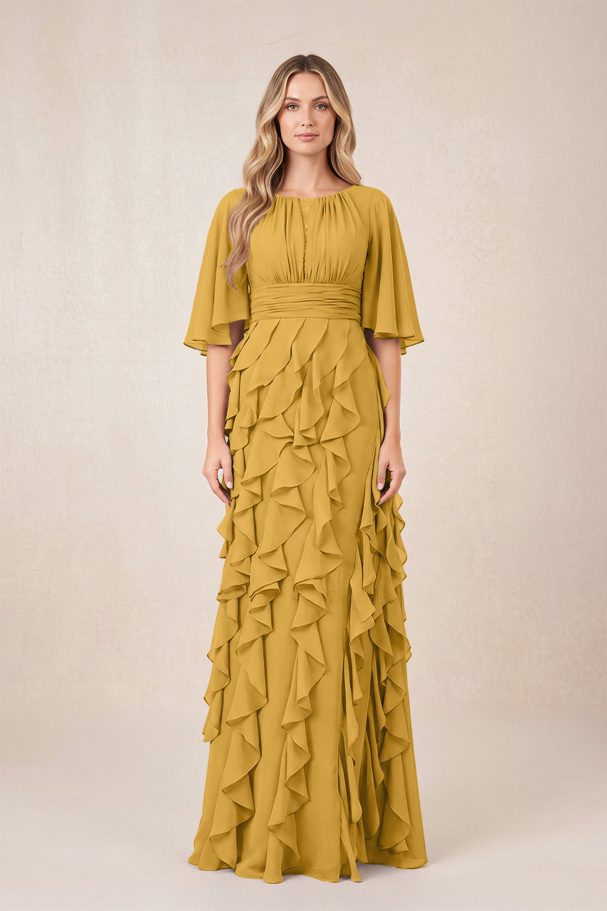 Marigold Ruffled Chiffon Half Sleeves A-Line Mother of the Bride Dress